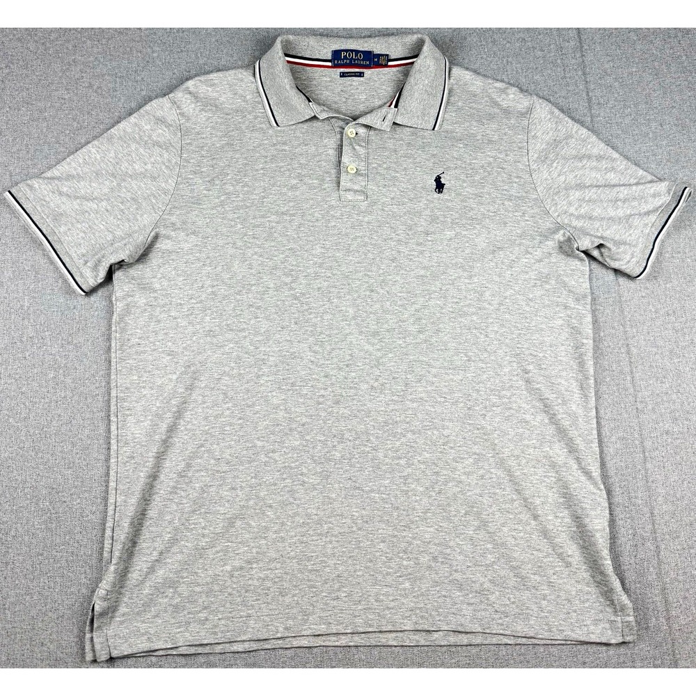 Polo Ralph Lauren Mens M Classic Fit Polo Shirt Gray Navy Pony Tipped Cotton